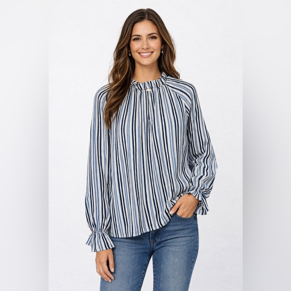 Ann Taylor Blue Striped Long Sleeve Blouse Ruffle Neck Cotton Women’s Large